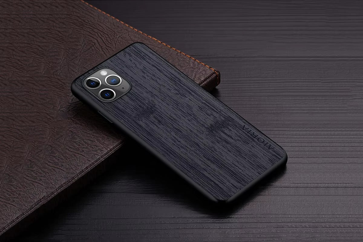 Premium Wood Grain iPhone Case MagSafe Compatible Ultra Thin Magnetic with Smooth Brown Texture and Metallic Frame Design