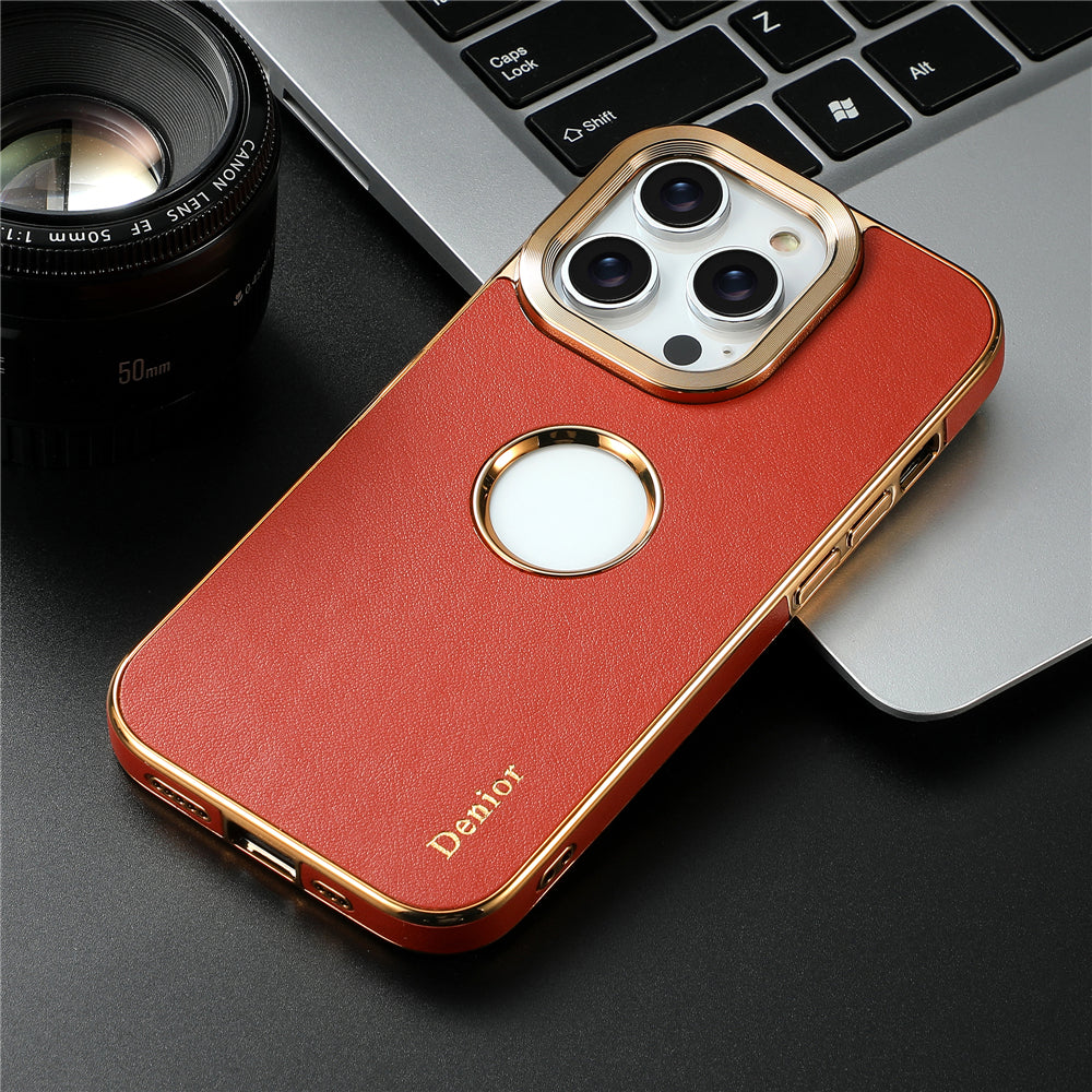 Luxury Business Cowhide Leather iPhone Case – Plating Shockproof Cover for iPhone Models, Sleek and Durable Design