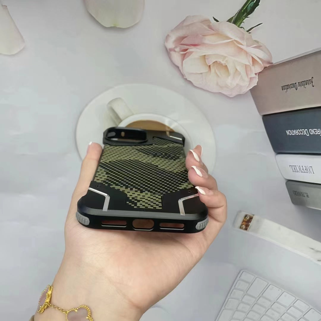 Camouflage Metal Armor Case Frameless Real Carbon Fiber Cover with Built-In Magnet for iPhone Models, Durable and Protection