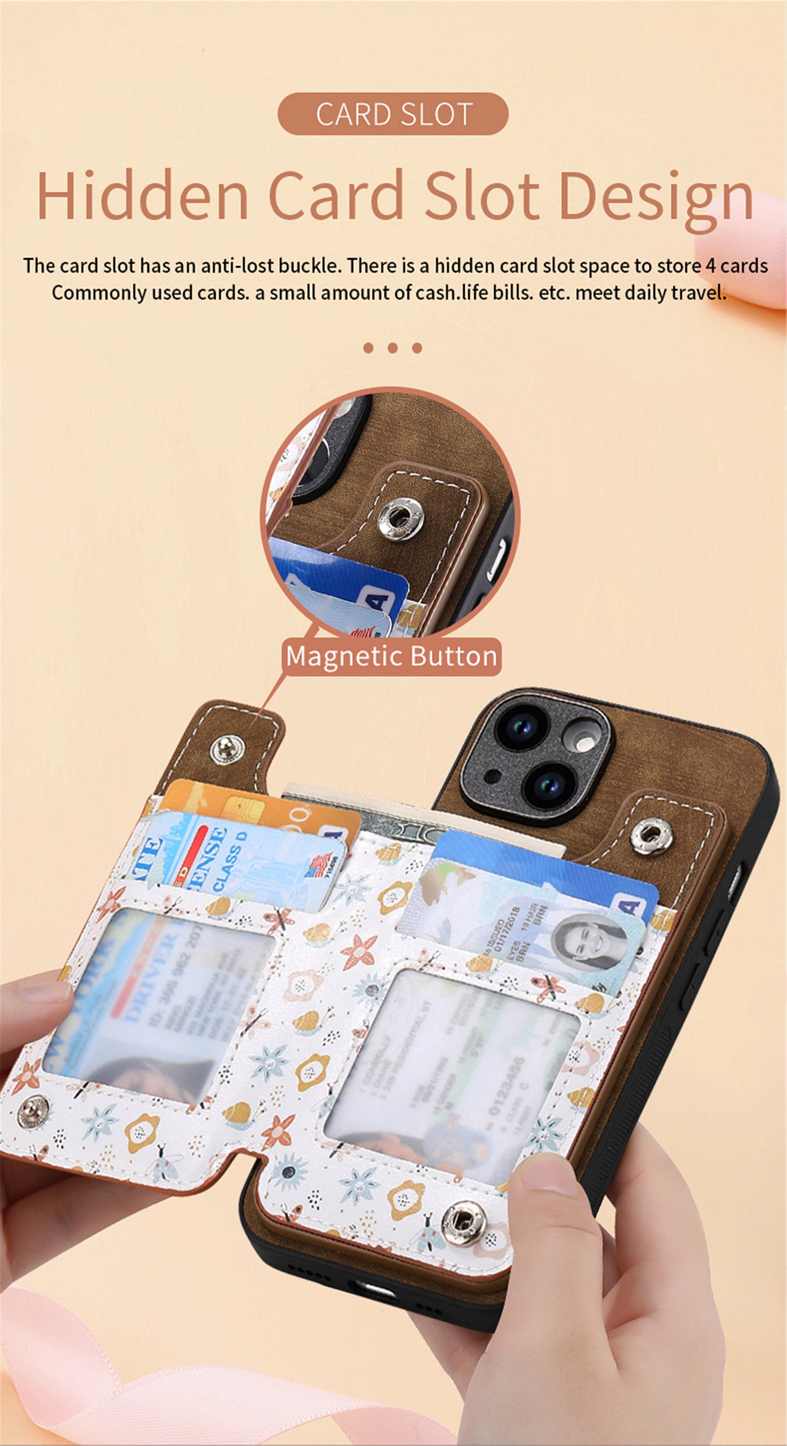 Zipper Card Slot Wallet iPhone Case – Magnetic Closure, Purse Pocket, Floral Design, Shockproof Protective Cover for iPhone