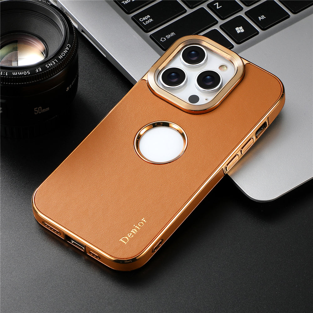 Luxury Business Cowhide Leather iPhone Case – Plating Shockproof Cover for iPhone Models, Sleek and Durable Design