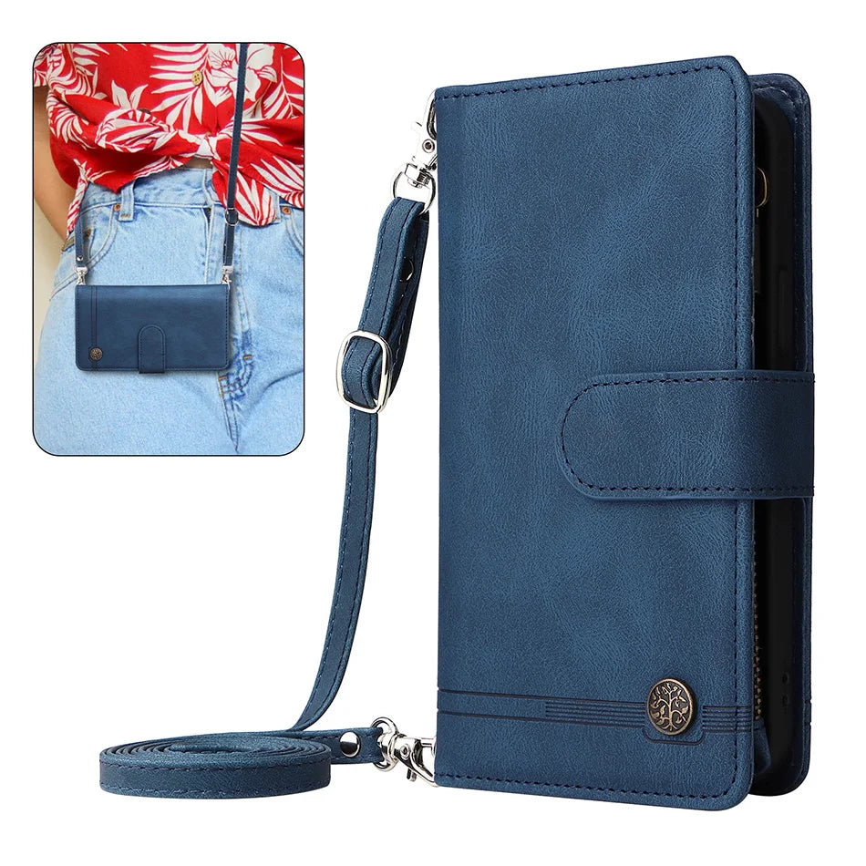 Premium Retro Flip Leather iPhone Case – Zipper Wallet, Multi-Card Slots, Necklace Lanyard, Magnetic Closure, Shockproof Protection for iPhone