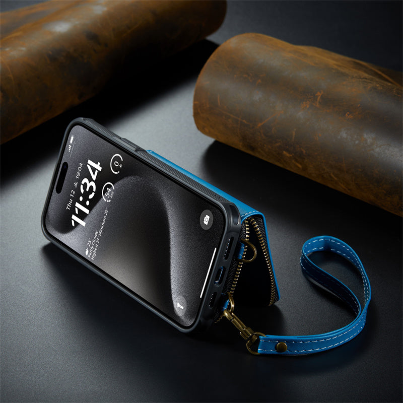 Luxury Leather Wallet Crossbody iPhone Case – Card Slot Holder, Stand Function, Hand Lanyard Strap, Shockproof Protection for iPhone