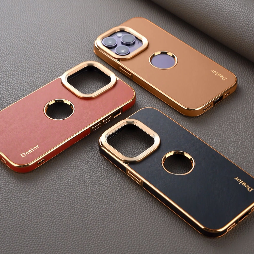 Luxury Business Cowhide Leather iPhone Case – Plating Shockproof Cover for iPhone Models, Sleek and Durable Design