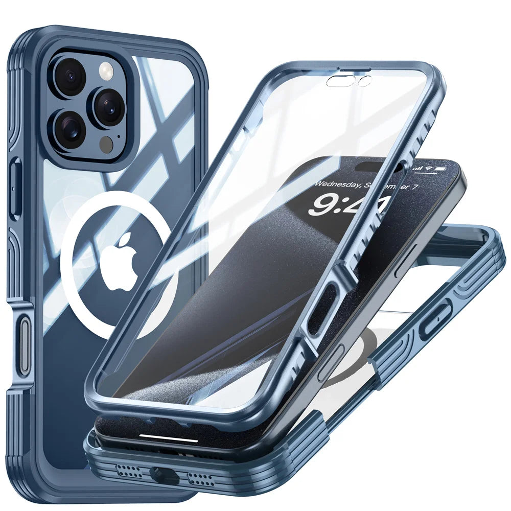 Full-Body Protection Magnetic iPhone Case – Tempered Glass MagSafe Shockproof Cover for iPhone Models, Durable and Stylish
