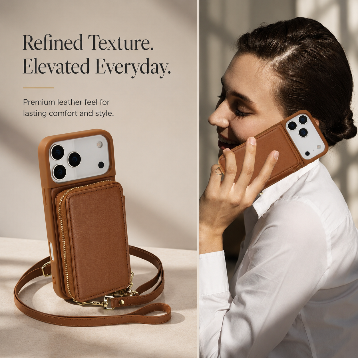 Luxury iPhone Case Leather Wallet Flip Cover Crossbody Card Holder RFID Blocking Zipper Pocket Shockproof Camera Lens Protection Full Coverage