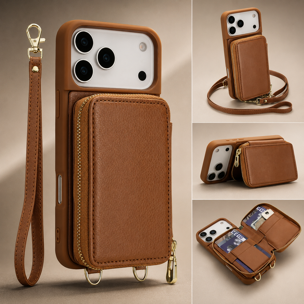 Luxury iPhone Case Leather Wallet Flip Cover Crossbody Card Holder RFID Blocking Zipper Pocket Shockproof Camera Lens Protection Full Coverage