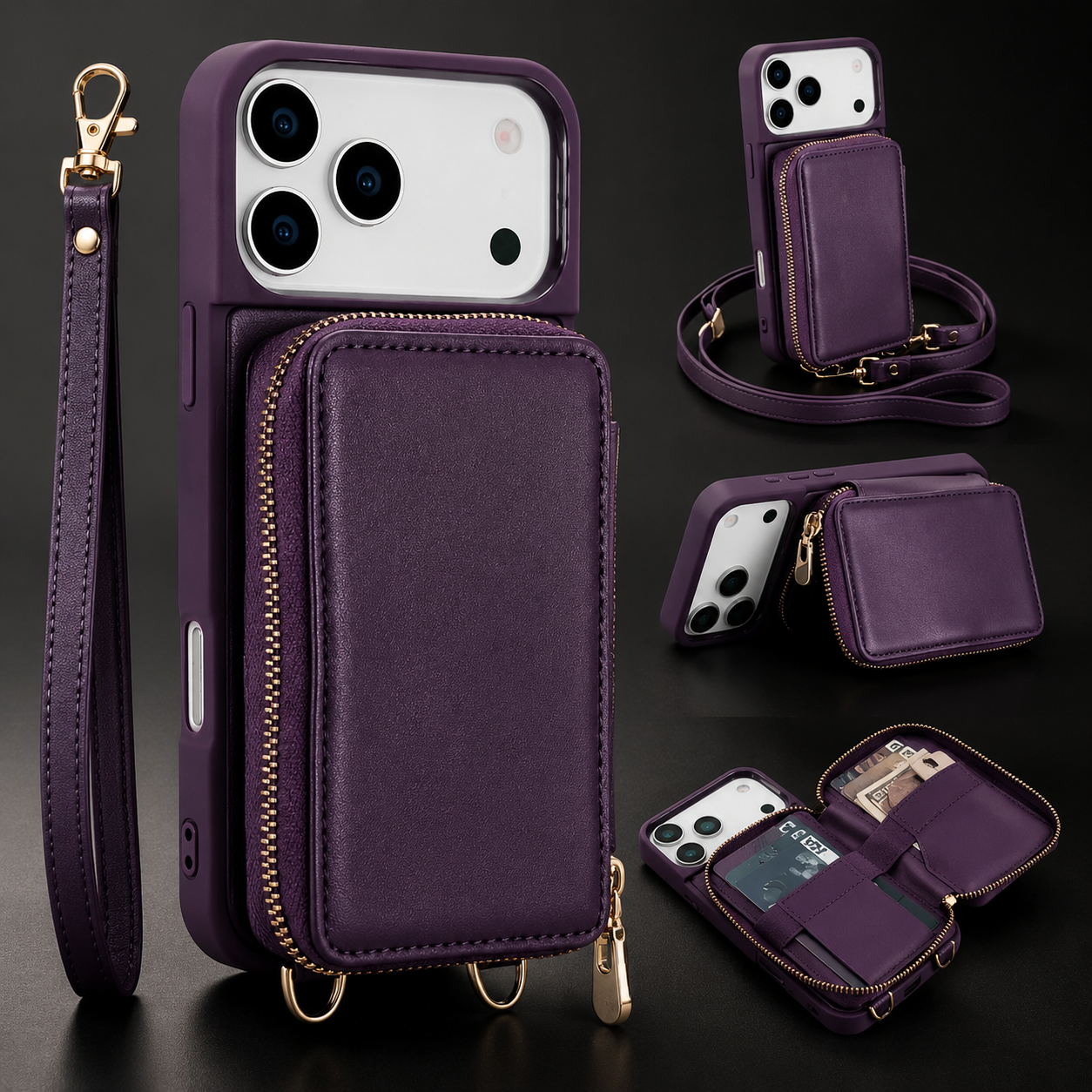 Luxury iPhone Case Leather Wallet Flip Cover Crossbody Card Holder RFID Blocking Zipper Pocket Shockproof Camera Lens Protection Full Coverage