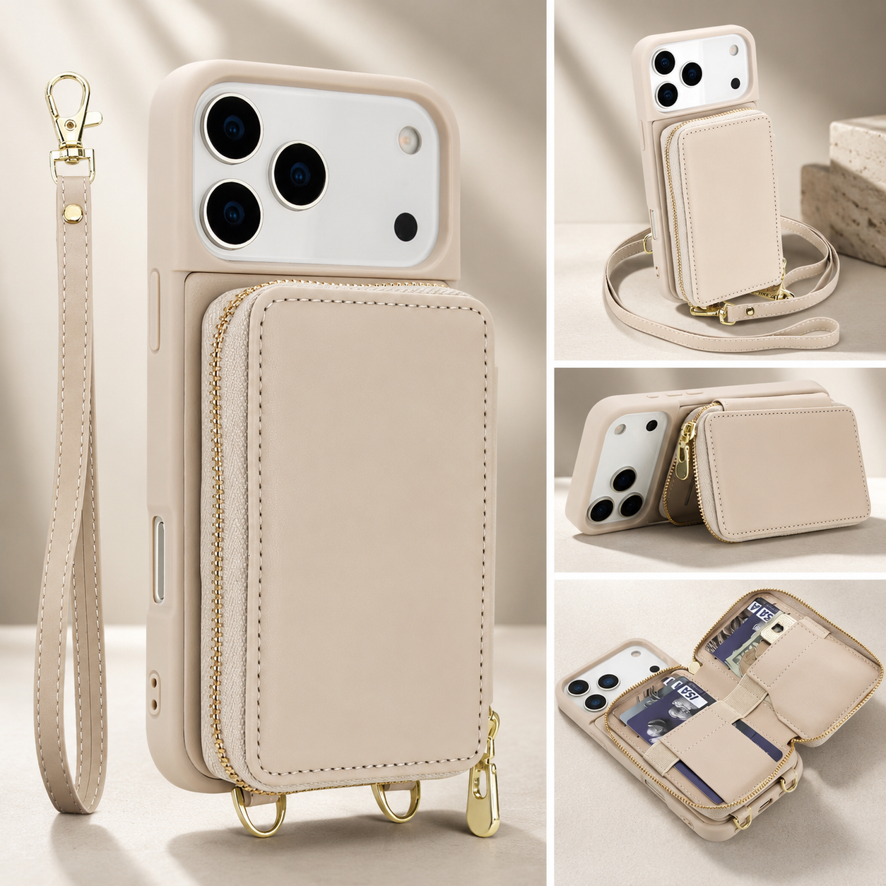 Luxury iPhone Case Leather Wallet Flip Cover Crossbody Card Holder RFID Blocking Zipper Pocket Shockproof Camera Lens Protection Full Coverage