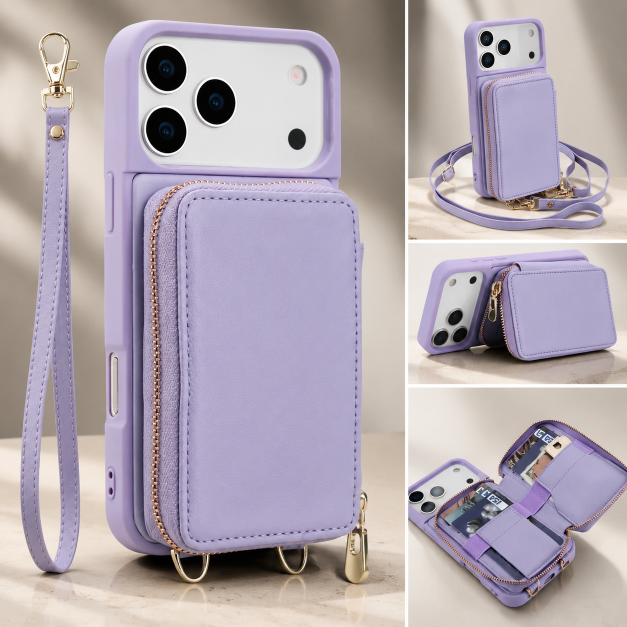 Luxury iPhone Case Leather Wallet Flip Cover Crossbody Card Holder RFID Blocking Zipper Pocket Shockproof Camera Lens Protection Full Coverage