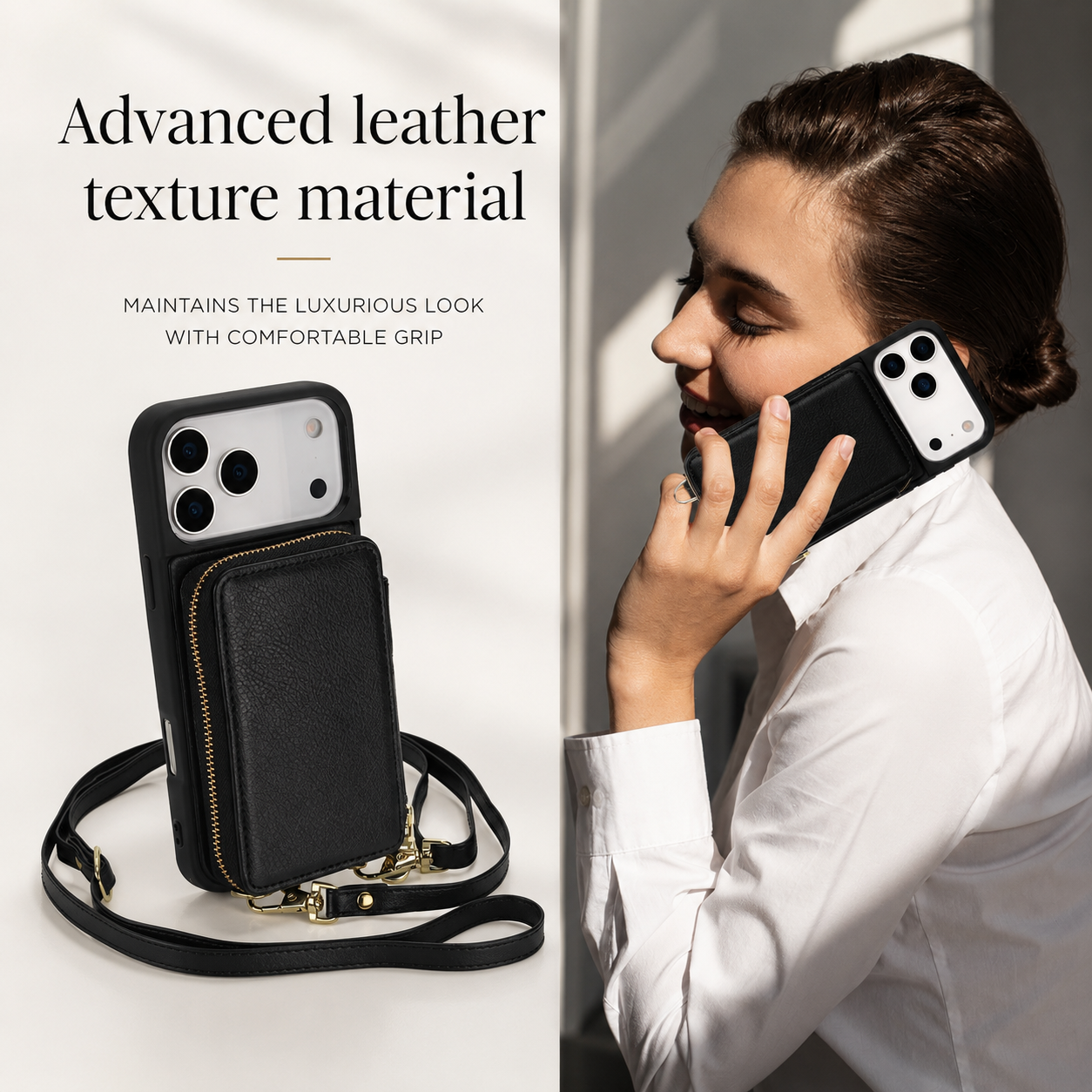 Luxury iPhone Case Leather Wallet Flip Cover Crossbody Card Holder RFID Blocking Zipper Pocket Shockproof Camera Lens Protection Full Coverage