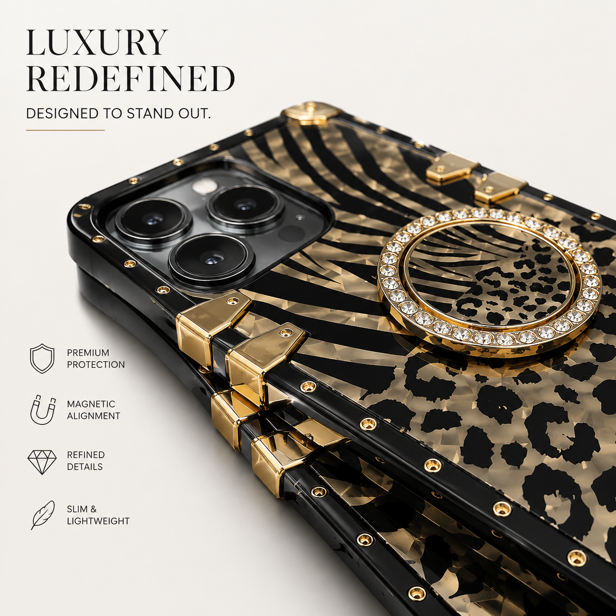 Luxury iPhone Case Leopard Gold Plating Glitter Diamond Ring Stand Protective Cover Shockproof Stylish Design Durable Phone Case