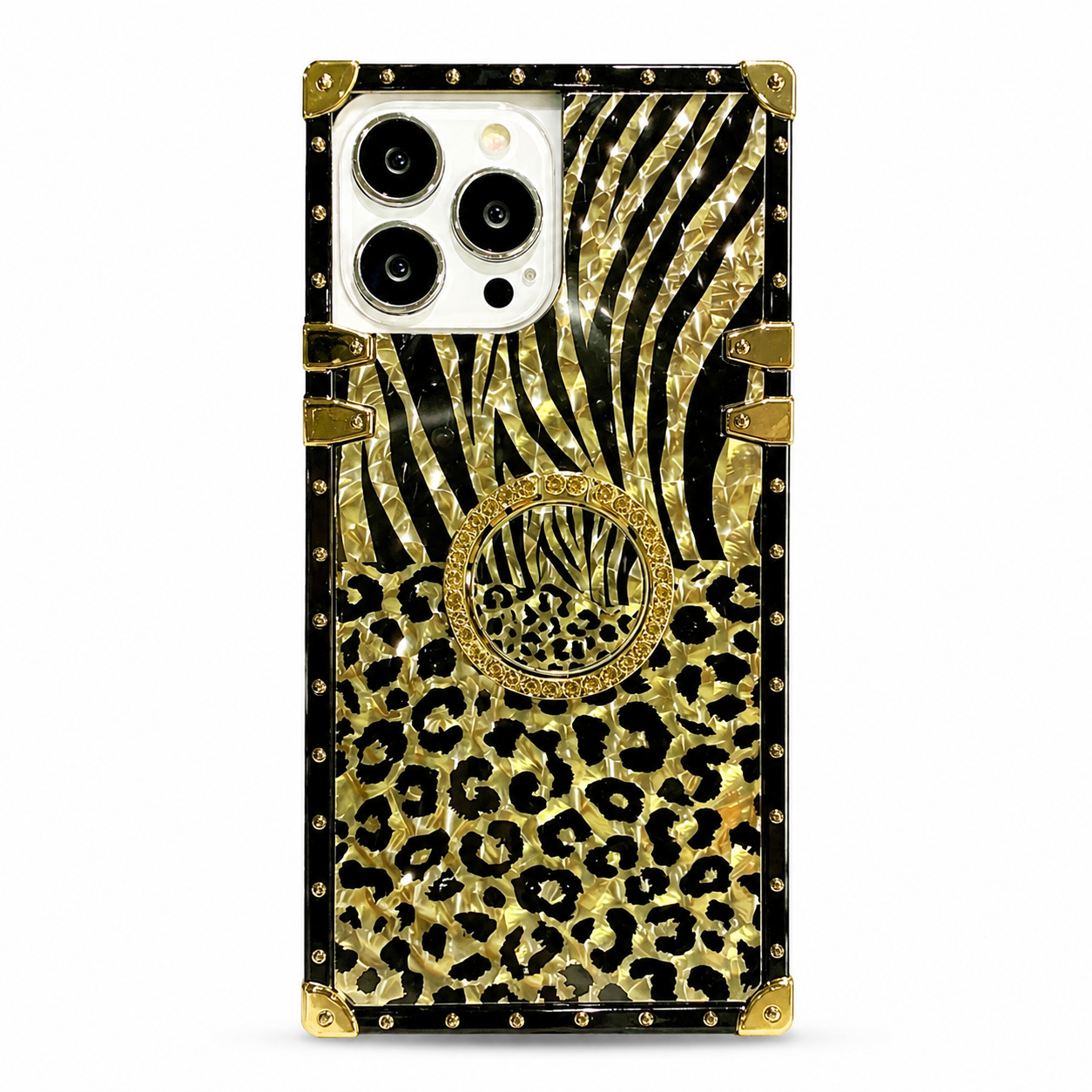 Luxury iPhone Case Leopard Gold Plating Glitter Diamond Ring Stand Protective Cover Shockproof Stylish Design Durable Phone Case