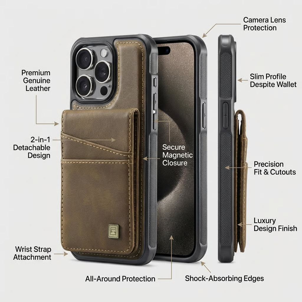 Luxury 2-in-1 Magnetic Wallet iPhone Case – Detachable Leather Flip Cover with Card Holder, Wrist Strap, and Secure Magnetic Closure for Ultimate Protection