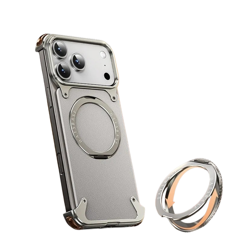 Premium Genuine Leather iPhone Case – MagSafe Compatible Frameless Cover with Rotating Magnetic Stand Ring, Shockproof Anti-Drop Protection