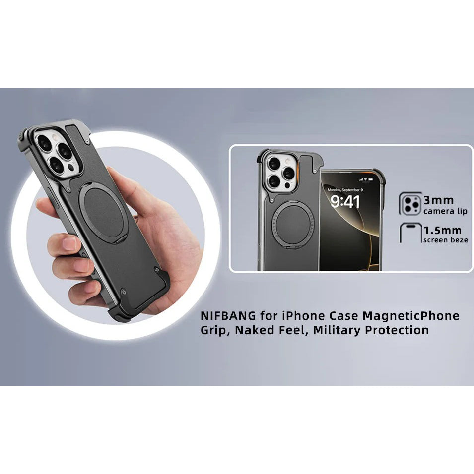 Premium Genuine Leather iPhone Case – MagSafe Compatible Frameless Cover with Rotating Magnetic Stand Ring, Shockproof Anti-Drop Protection