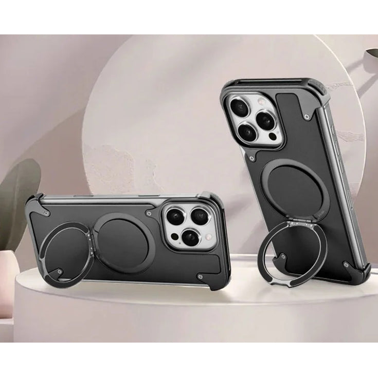 Premium Genuine Leather iPhone Case – MagSafe Compatible Frameless Cover with Rotating Magnetic Stand Ring, Shockproof Anti-Drop Protection