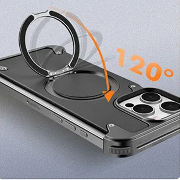 Premium Genuine Leather iPhone Case – MagSafe Compatible Frameless Cover with Rotating Magnetic Stand Ring, Shockproof Anti-Drop Protection