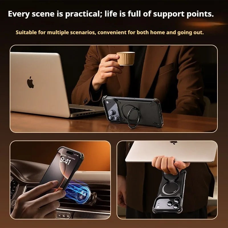 Premium Genuine Leather iPhone Case – MagSafe Compatible Frameless Cover with Rotating Magnetic Stand Ring, Shockproof Anti-Drop Protection