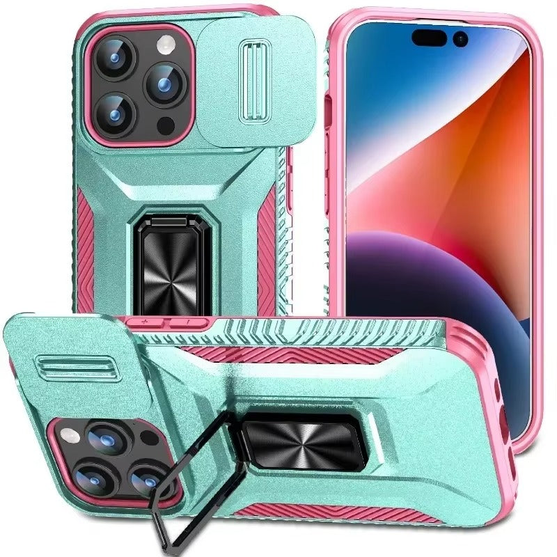 Premium Military-Grade iPhone Case – Shockproof All Around Protection Cover with Sliding Camera Lens Guard, Rotary Stand and Anti-Slip Grip