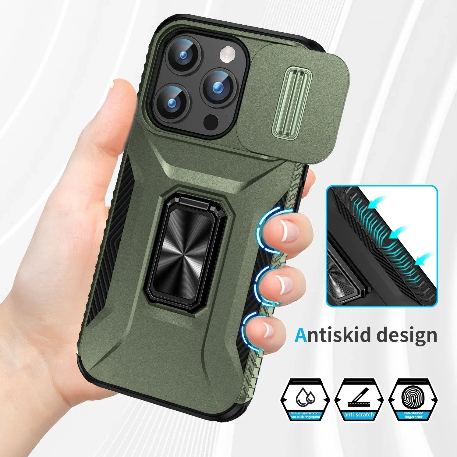 Premium Military-Grade iPhone Case – Shockproof All Around Protection Cover with Sliding Camera Lens Guard, Rotary Stand and Anti-Slip Grip
