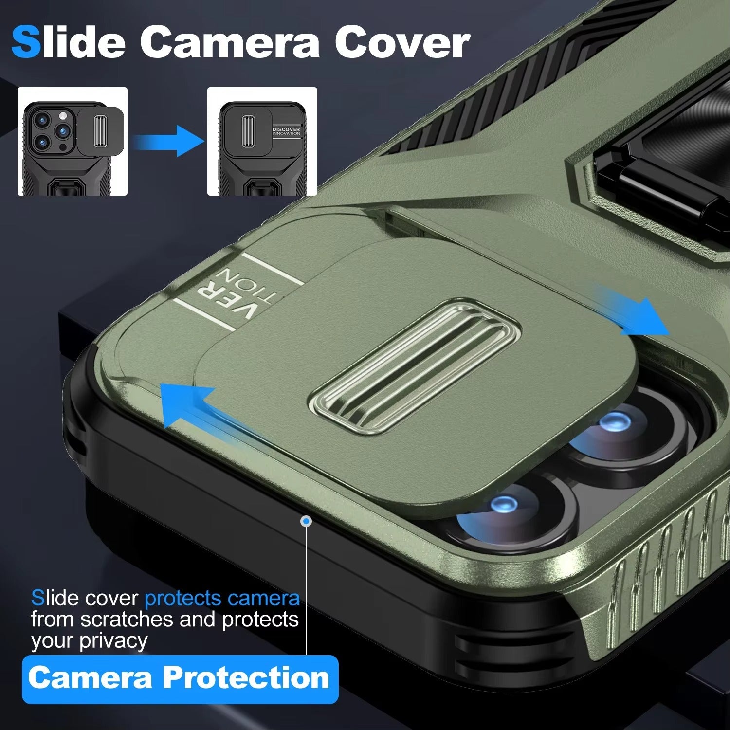 Premium Military-Grade iPhone Case – Shockproof All Around Protection Cover with Sliding Camera Lens Guard, Rotary Stand and Anti-Slip Grip