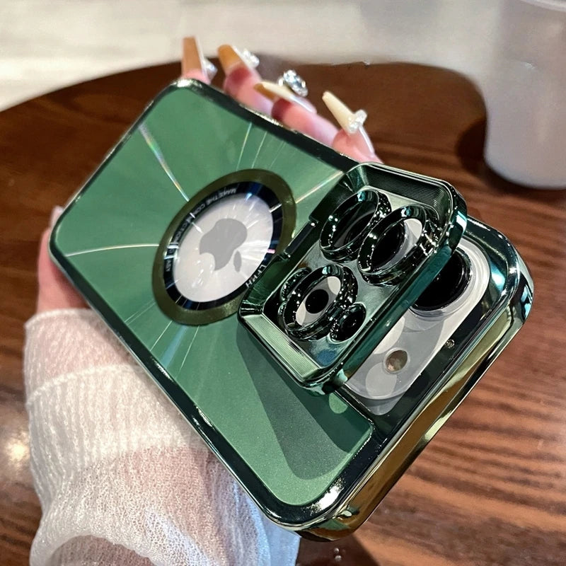 Premium Aurora Magsafe iPhone Case – Magnetic Plating CD Pattern, Shockproof, Stand Bracket, Logo Hole, Durable Protection,