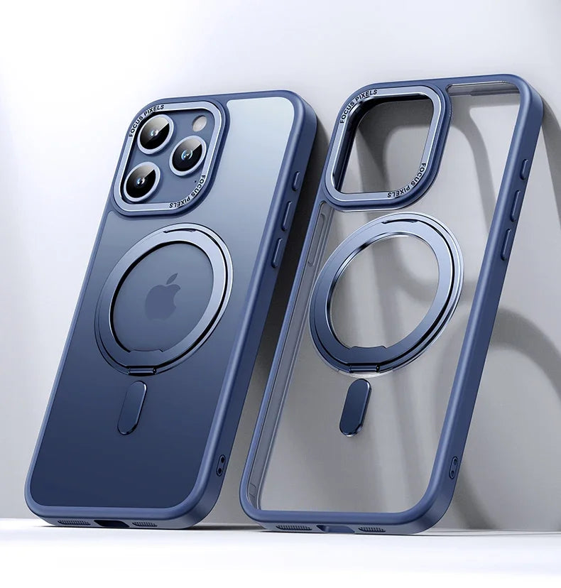 Luxury Magnetic 360° Rotating Stand Frosted Transparent Cover with Ring Holder Shockproof & Hands-Free Design Case for iPhone