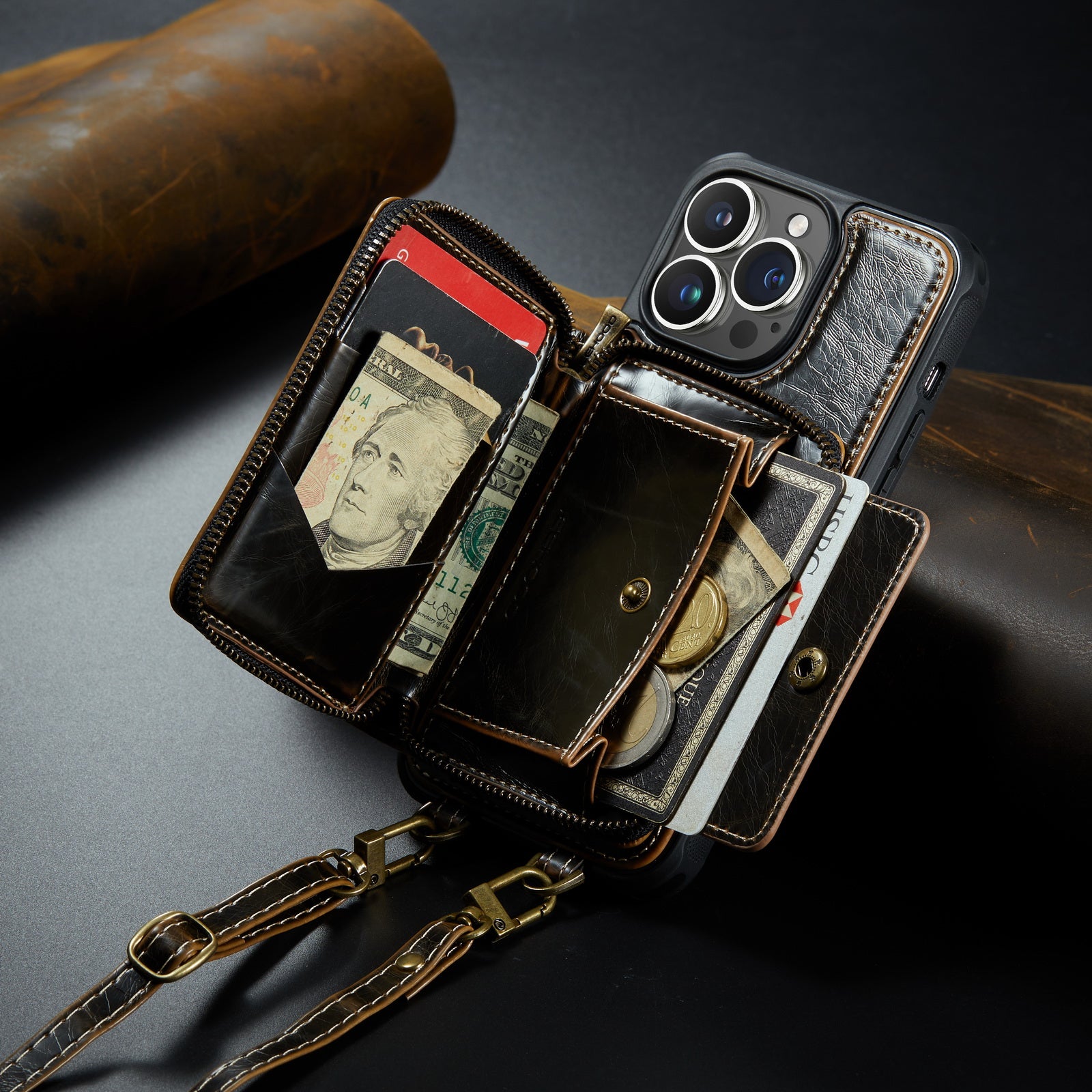 Luxury Leather Wallet Crossbody iPhone Case – Card Slot Holder, Stand Function, Hand Lanyard Strap, Shockproof Protection for iPhone