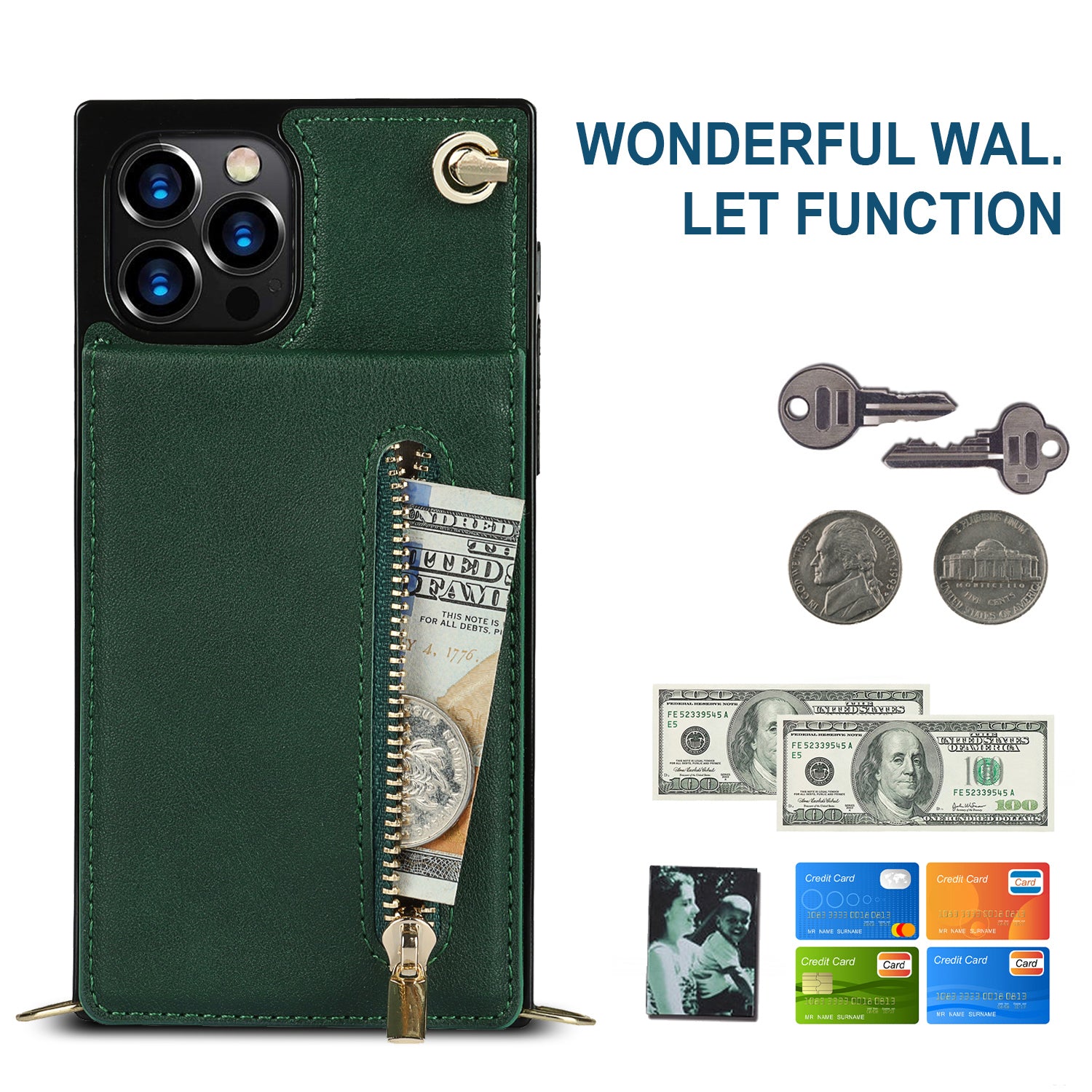 Luxury Zipper Wallet Crossbody Leather iPhone Case Card Holder, Lanyard Strap Magnetic Closure, Stylish Flip Cover for iPhone