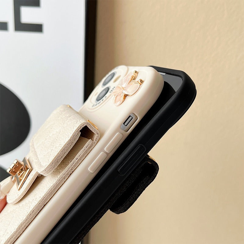 Premium Apple iPhone Case, MagSafe Compatible, Camera Lens & Screen Protection, Ultra Thin, Shockproof, Magnetic Full All Around Cover – Crystal Bow Crossbody Purse Case with Metal Button & Card Holder