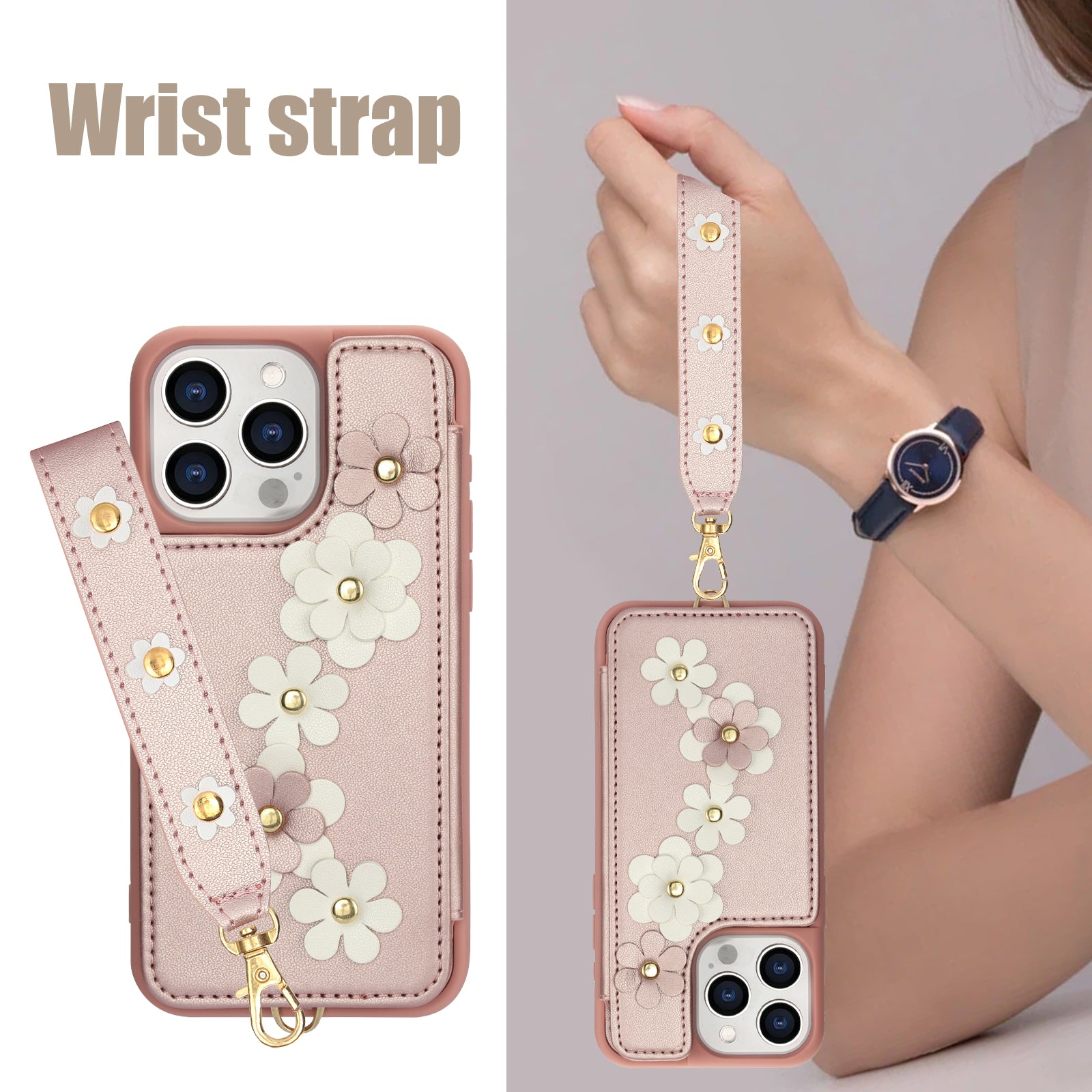 Luxury Crossbody Wallet Leather iPhone Case – 3D Flower Design, Card Slot, Wrist Strap, Magnetic Closure, Protective Cover