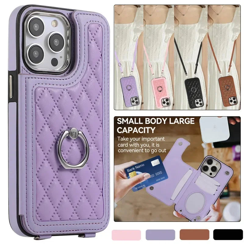 Luxury Crossbody RFID Leather Wallet iPhone Case – Card Slot, Ring Holder, Double Buckle, Lanyard Bag Cover, Magnetic Closure