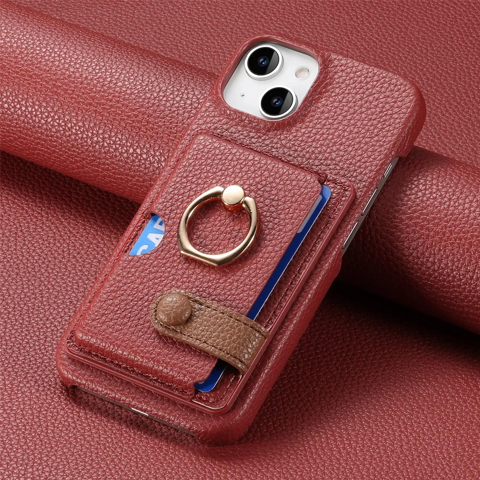 Premium Leather Ring Stand Wallet iPhone Case Card Holder, Magnetic Closure, and Kickstand Support for Hands-Free Convenience
