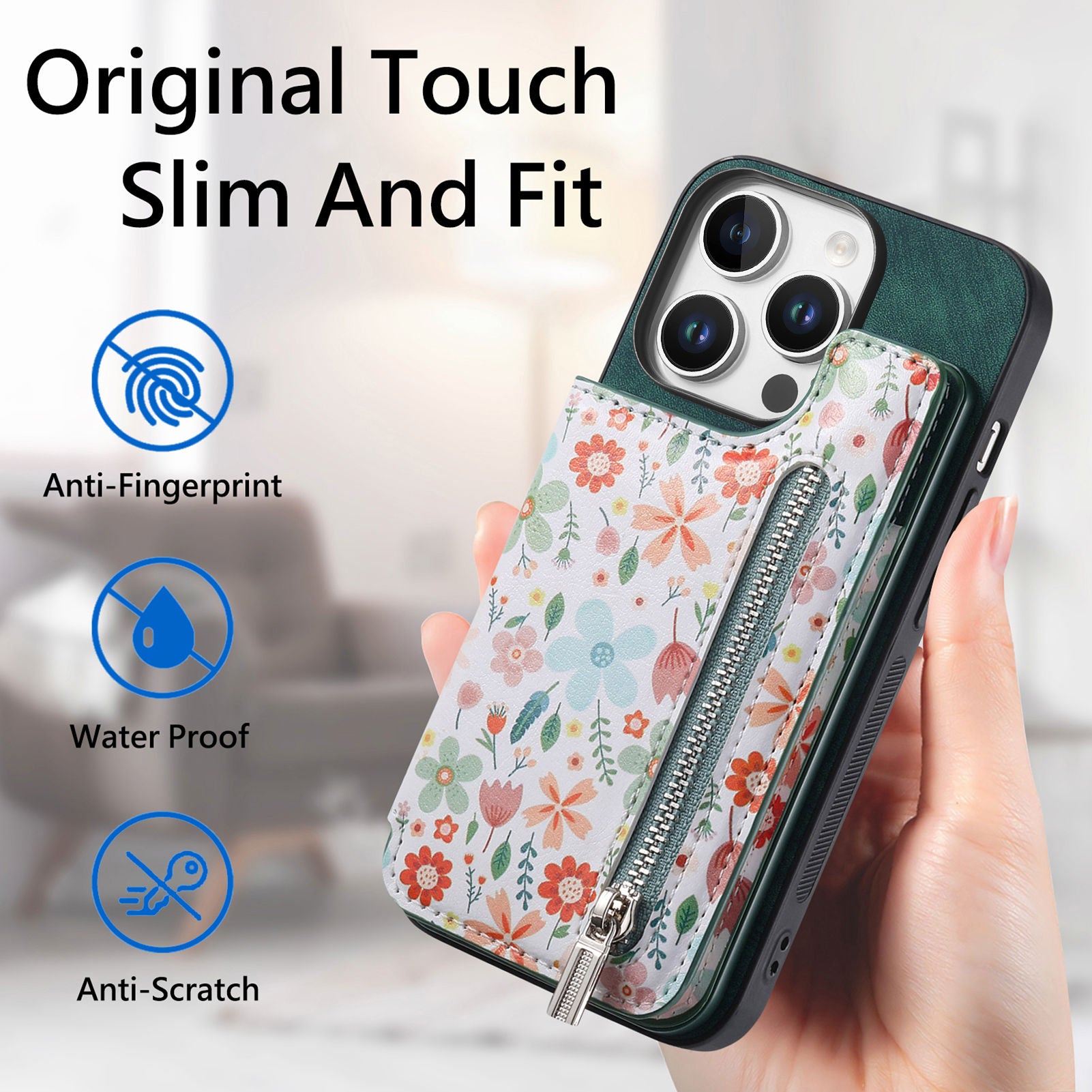 Zipper Card Slot Wallet iPhone Case – Magnetic Closure, Purse Pocket, Floral Design, Shockproof Protective Cover for iPhone