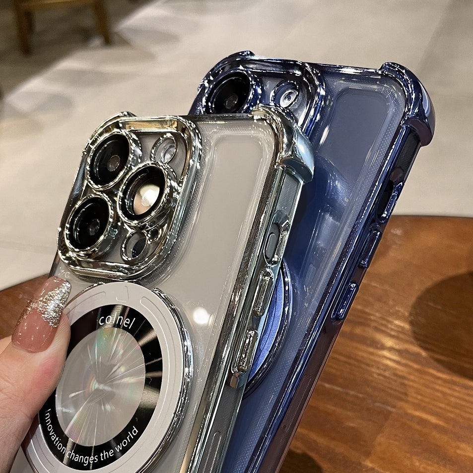 Frameless MagSafe Case with Logo Hole – Transparent Plating Slim Bracket for iPhone Models, Sleek and Durable Design