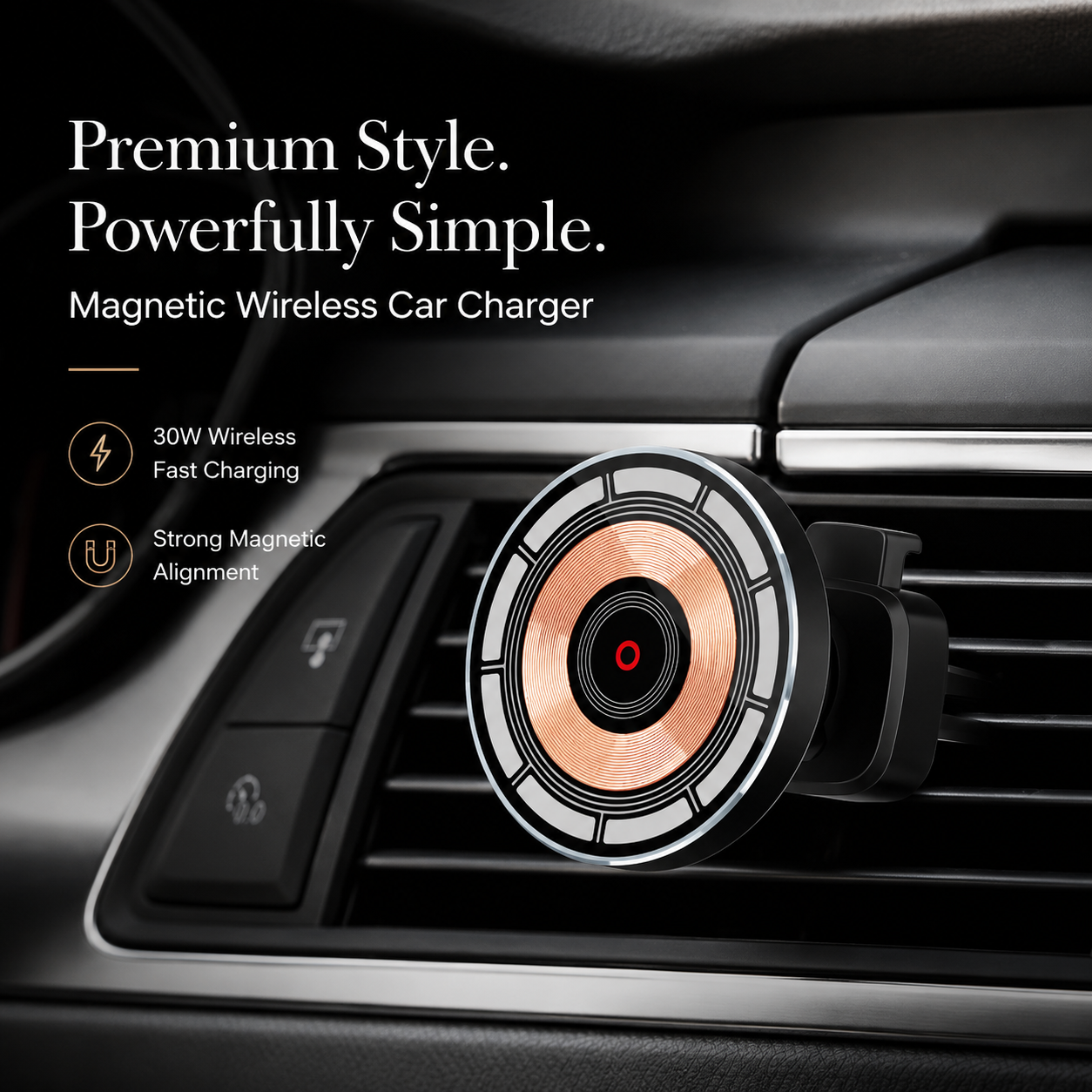 Premium 30W Magnetic Wireless Car Charger Fast Charging Phone Holder Dashboard Air Vent Mount 360° Rotation Smart Chip Anti-Slip Compatible with iPhone