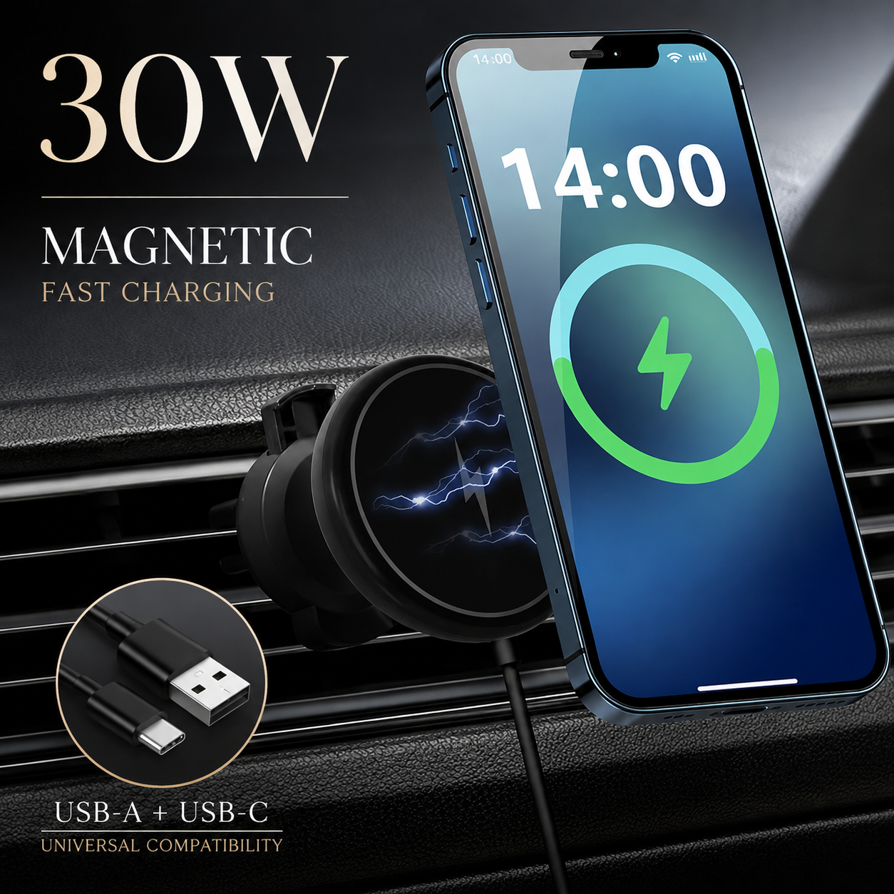 Premium 30W Magnetic Wireless Car Charger Fast Charging Phone Holder Dashboard Air Vent Mount 360° Rotation Smart Chip Anti-Slip Compatible with iPhone