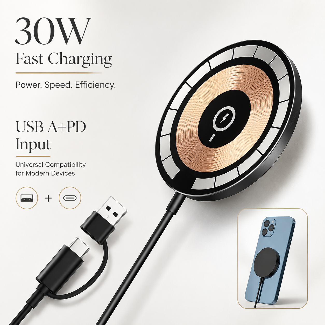 Premium 30W Magnetic Wireless Charger Pad Fast Wireless Charging MagSafe Charging Stand USB-C PD USB-A Non-Slip Compatible with iPhone
