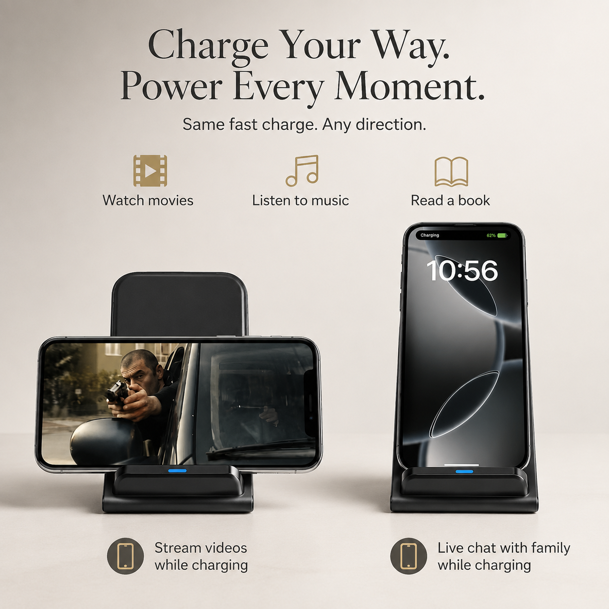 Premium 30W Wireless Charger Stand Fast Charging Foldable Phone Charging Stand USB C Vertical Horizontal Viewing Compatible with iPhone Travel Design