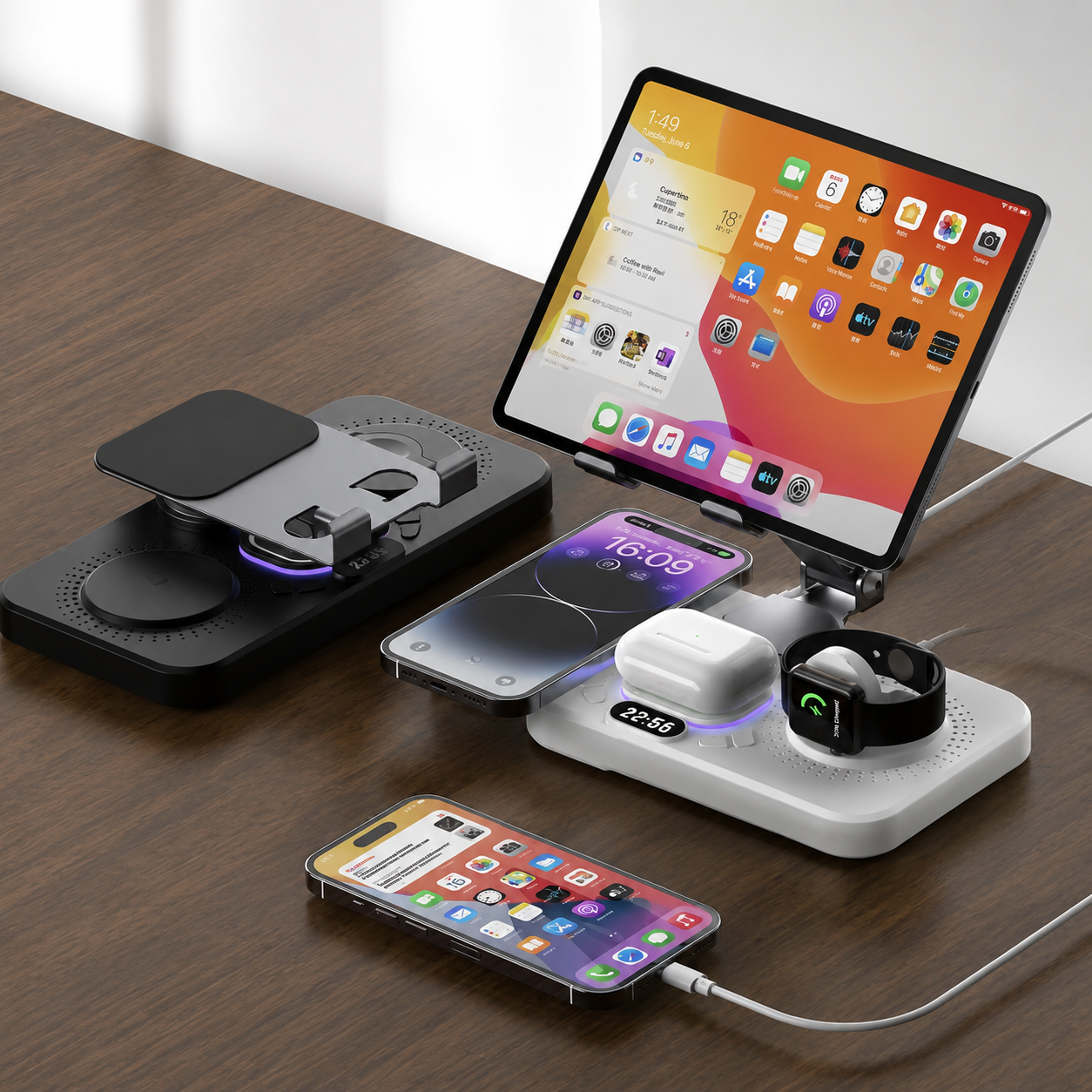Premium 4 in 1 Magnetic Wireless Charging Station 15W Fast Charging Foldable Charger Stand for Phone Watch Earbuds LED Compatible with iPhone