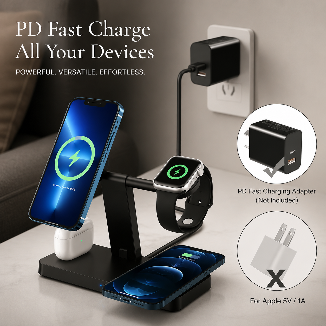 Premium 5 in 1 Magnetic Wireless Charging Station Foldable 30W Fast Qi Charger Stand LED Night Light USB Type C Multi Device Charging Compatible with iPhone