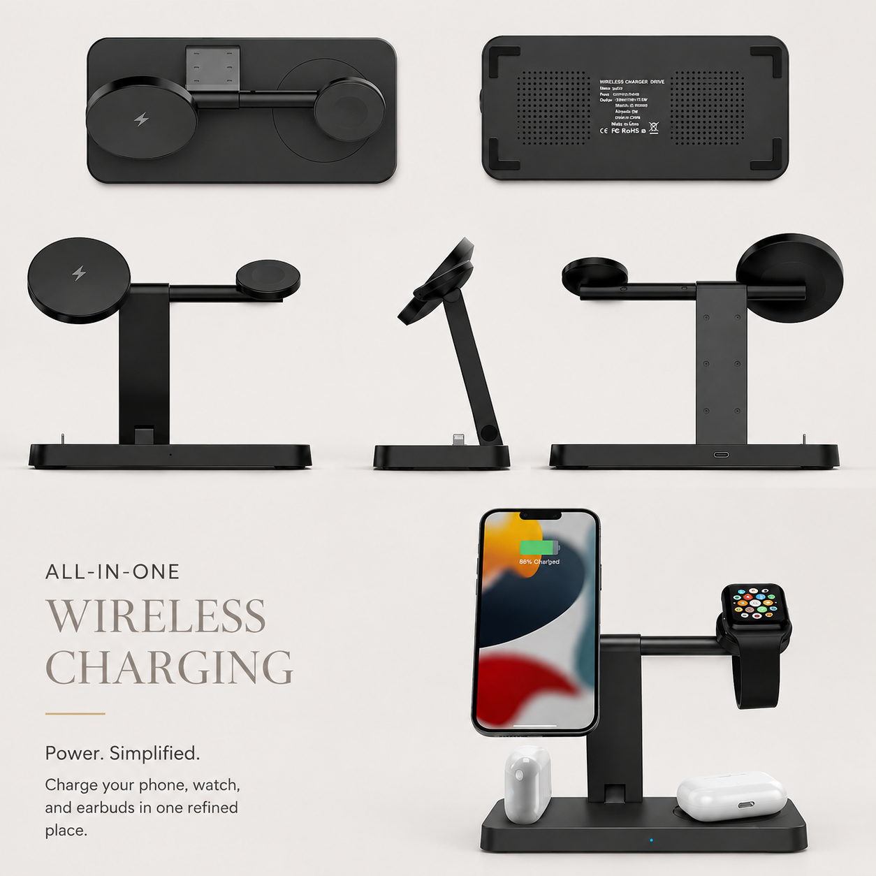 Premium 5 in 1 Magnetic Wireless Charging Station Foldable 30W Fast Qi Charger Stand LED Night Light USB Type C Multi Device Charging Compatible with iPhone