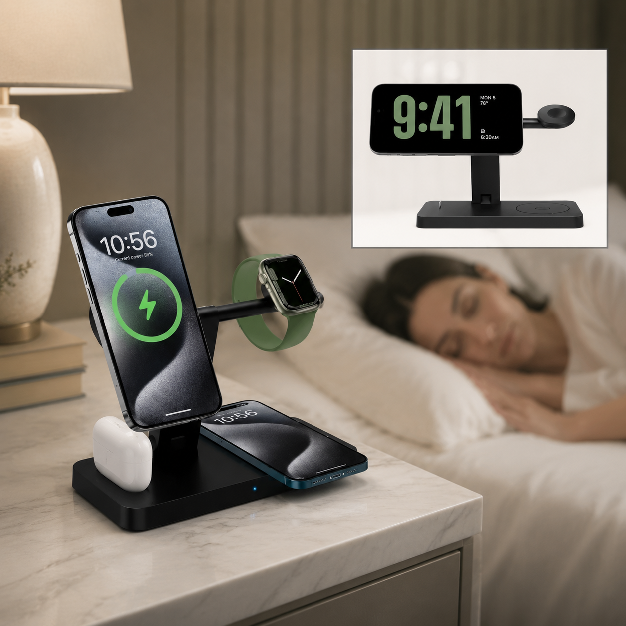 Premium 5 in 1 Magnetic Wireless Charging Station Foldable 30W Fast Qi Charger Stand LED Night Light USB Type C Multi Device Charging Compatible with iPhone