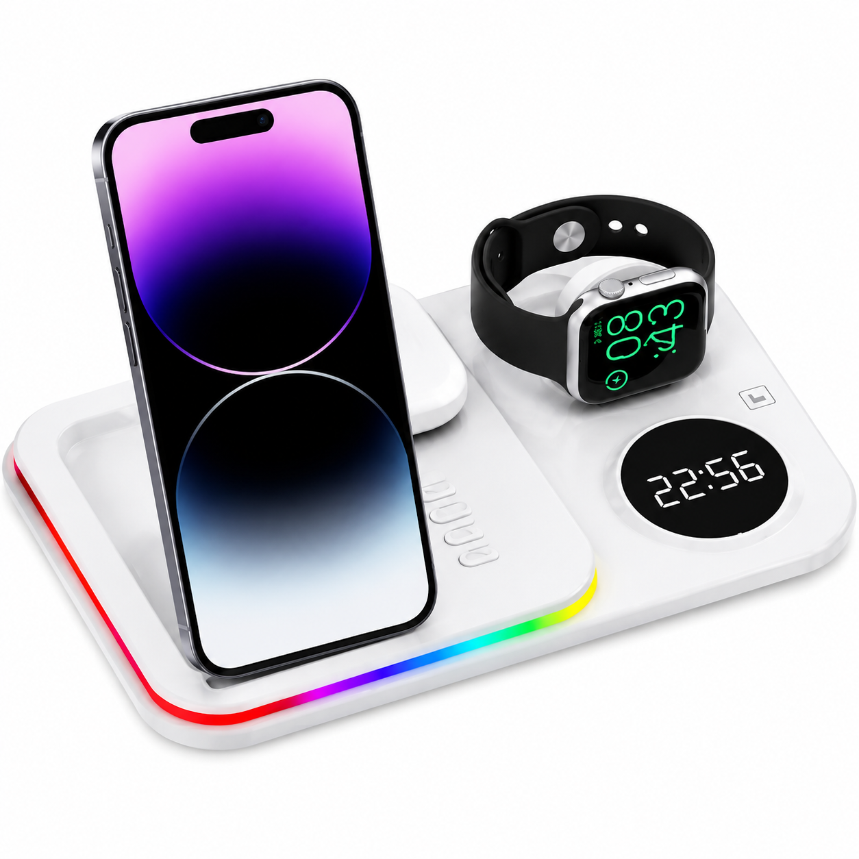 Premium 5 in 1 Wireless Charging Station 30W Fast Qi Charger Foldable Charging Dock RGB LED Alarm Clock USB Type C Multi Device Compatible with iPhone