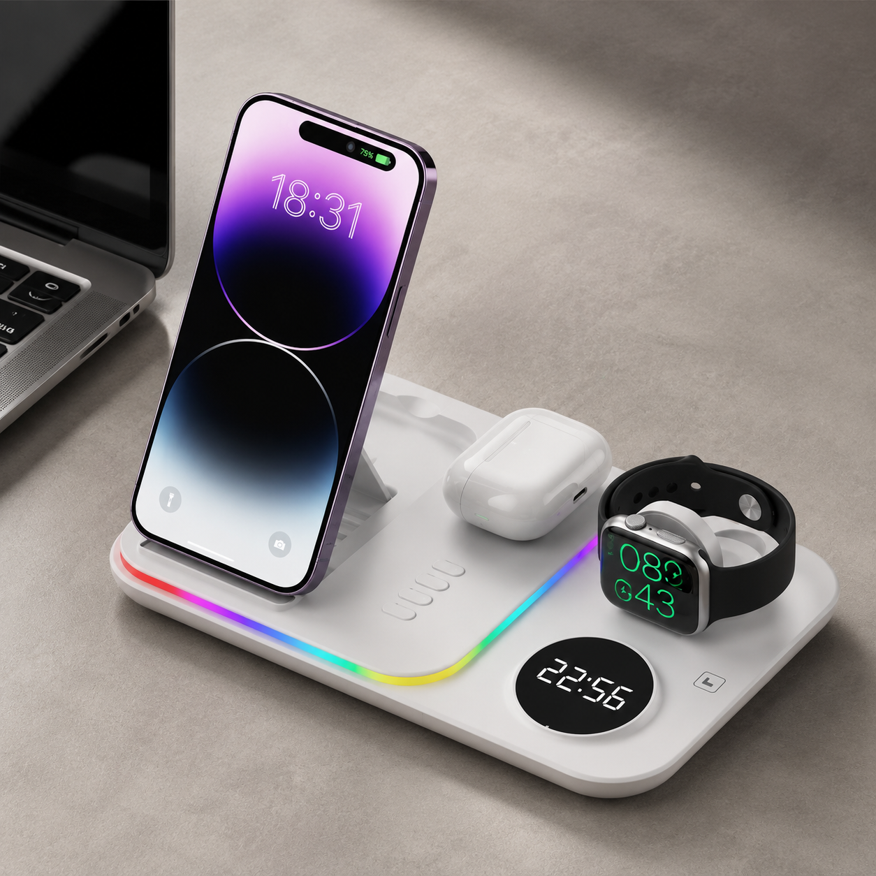 Premium 5 in 1 Wireless Charging Station 30W Fast Qi Charger Foldable Charging Dock RGB LED Alarm Clock USB Type C Multi Device Compatible with iPhone