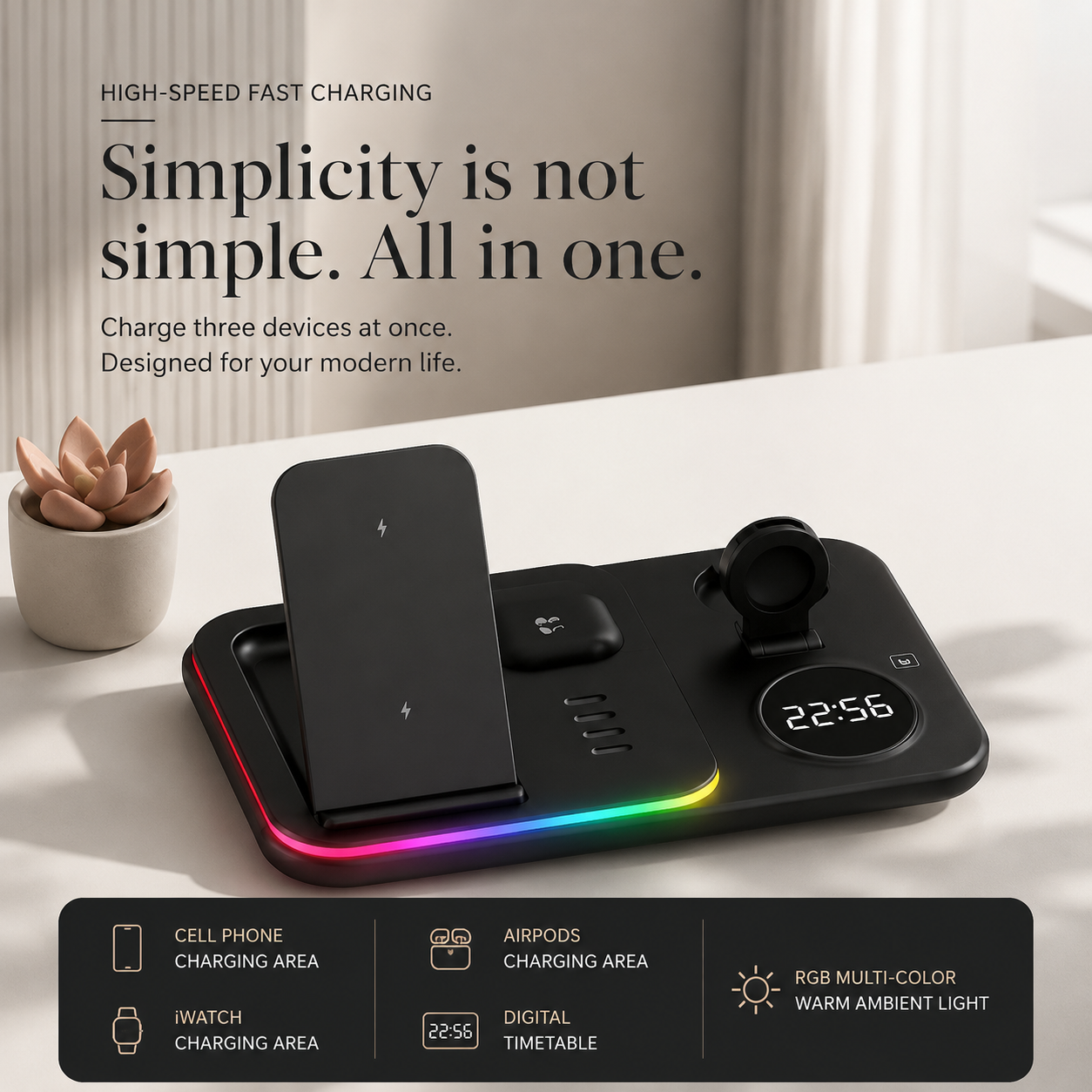 Premium 5 in 1 Wireless Charging Station 30W Fast Qi Charger Foldable Charging Dock RGB LED Alarm Clock USB Type C Multi Device Compatible with iPhone