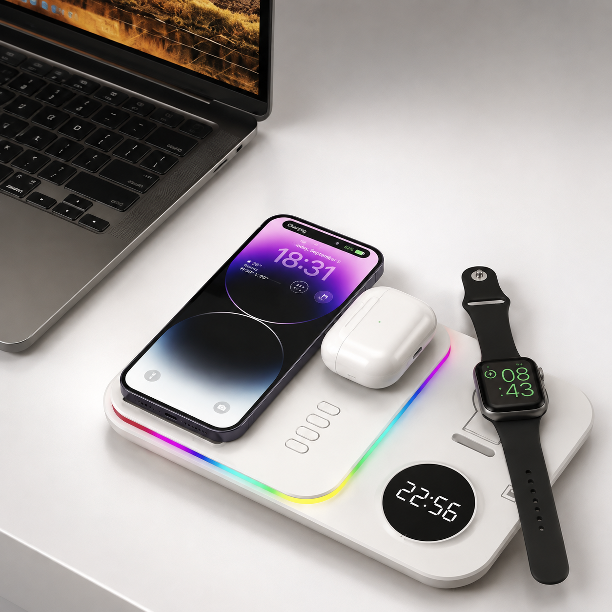 Premium 5 in 1 Wireless Charging Station 30W Fast Qi Charger Foldable Charging Dock RGB LED Alarm Clock USB Type C Multi Device Compatible with iPhone