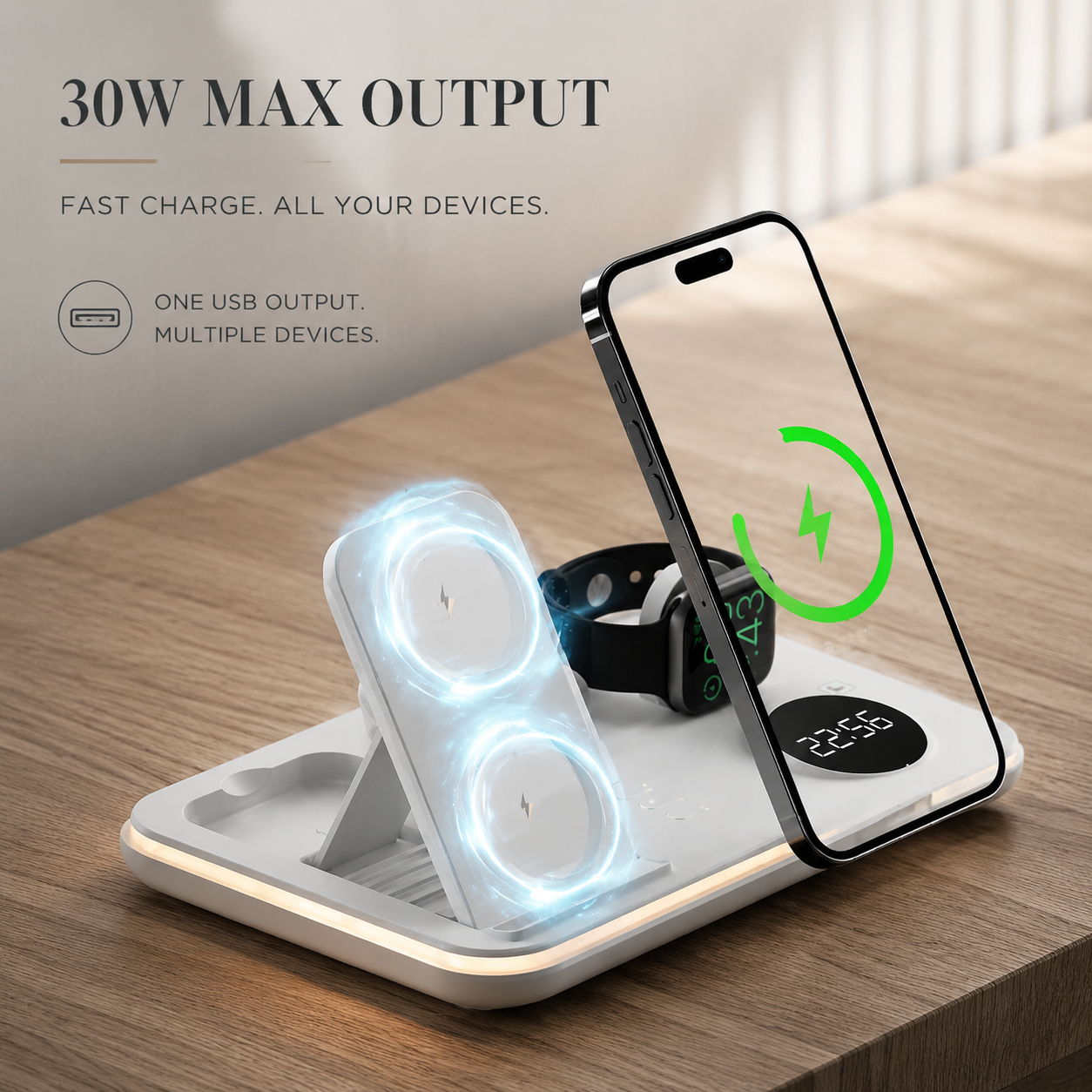 Premium 5 in 1 Wireless Charging Station 30W Fast Qi Charger Foldable Charging Dock RGB LED Alarm Clock USB Type C Multi Device Compatible with iPhone