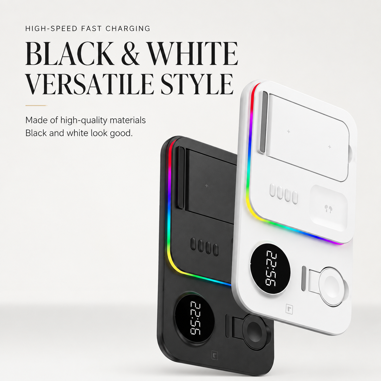 Premium 5 in 1 Wireless Charging Station 30W Fast Qi Charger Foldable Charging Dock RGB LED Alarm Clock USB Type C Multi Device Compatible with iPhone